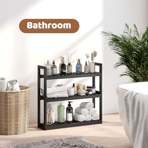 Bathroom Shelf Bamboo Organizer Rack Adjustable 3-Tier Storage Shelf Wall Mounted Storage Rack Over The Toilet Utility Shelves Living Room Kitchen Shelf(Black) - color: Black
