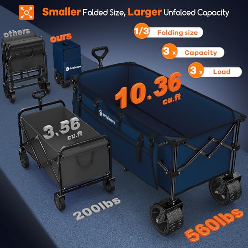 Originsure 300L Collapsible Beach Wagon Cart with Big Wheels, 560lbs, Blue | 48" Foldable Utility Wagon,7" All-Terrain Wheels,Heavy Duty Frame,Compact&Space-Saving,for Camping,Sports,Grocery,Garden - color: B-blue
