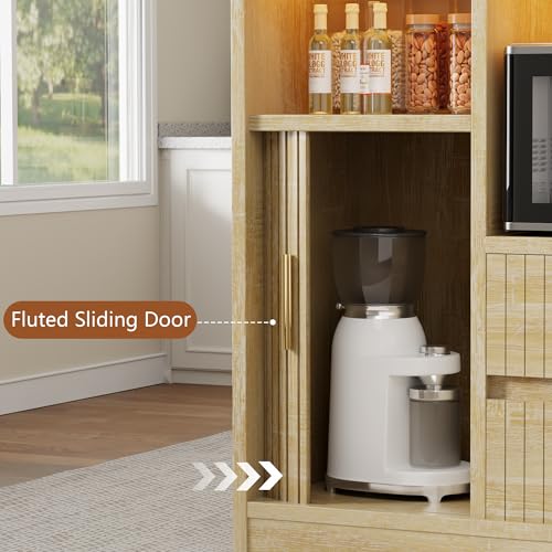 Kitchen Island with Storage, Island Table for Kitchen with Power | Outlet & LED Light, Bar Cart on Wheel Rolling Buffet Cabinet with Fluted Sliding Door, 2 Drawers, Large Countertop, Natural - color: Natural