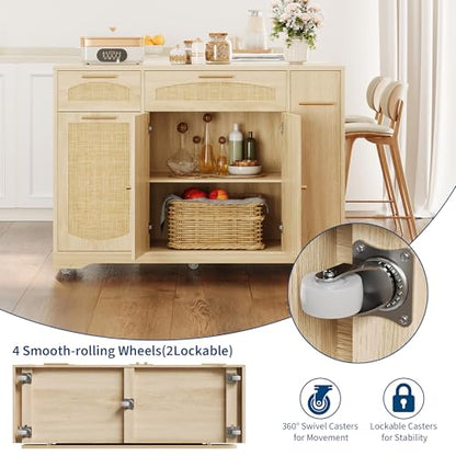 IDEALHOUSE 53.1" Rattan Kitchen Island with Storage, Rolling Dining Cart with Trash Storage Cabinet, Mobile Island Cart with Drop Leaf, Adjustable Shelves, Drawer, 5 Wheels (Natural) - color: Natural