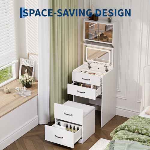 Garvee 3 in 1 Vanity Desk with 3 Color LED, Compact Makeup Vanity Set with 2 AC Outlets & USB, Dressing Table with Drawers & Acrylic Doors, Nightstand Vanity Mirror, Jewelry Box, Hidden Chair, White - color: White