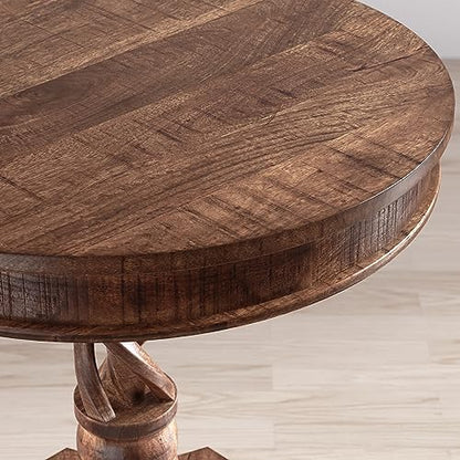 Jofran Global Archive Solid Mango Wood Hand Carved Pedestal Dining Table, Vintage Side Table, 30L X 30W X 30H, Brown