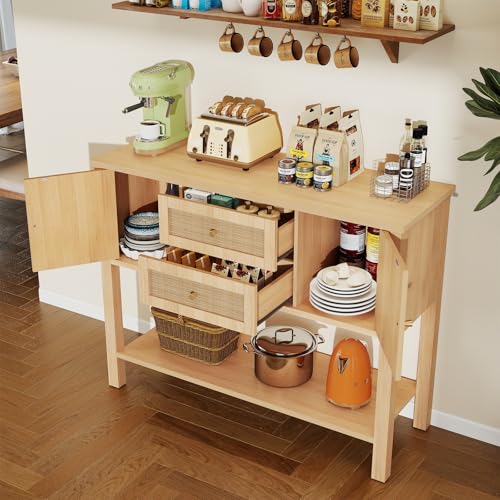 YOSHOOT Rattan Console Table with Storage, Entryway Table with 2 Doors & 2 Drawers, Farmhouse Coffee Bar for Kitchen, Living Room, and Entryway, Oak - color: Oak