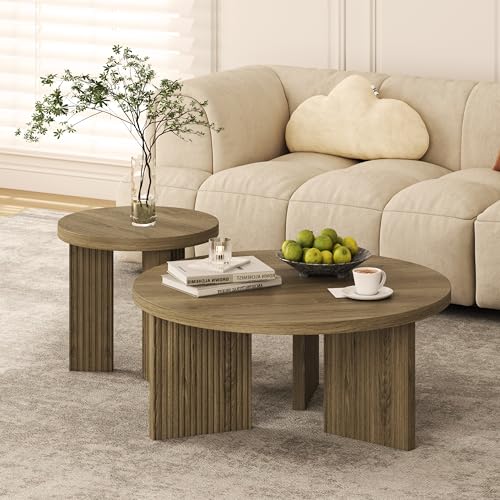 Nesting Coffee Table Set of 2, Walnut | Modern Wooden Coffee Table, Circle Tea Table and End Table Set, Accent Center Tables for Living Room, Office - color: Walnut, style: Coffee Table Set of 2