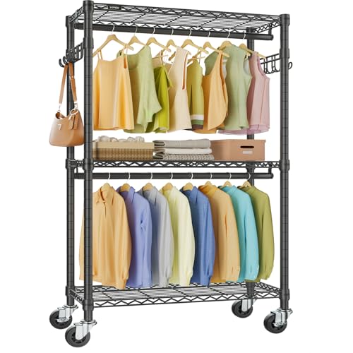 VIPEK R2 Clothes Rack Heavy Duty Clothing Rack for Hanging Clothes, Rolling Garment Rack Adjustable Closet Racks with Double Rods & Hooks, Freestanding Wardrobe Closet Coat Storage Racks, Black - color: Black, size: R2