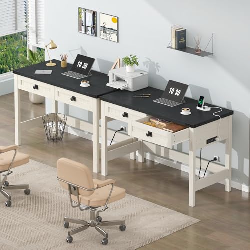 YOMILUVE Farmhouse Computer Desk with 2 Drawers, 39 Inch Small Office Computer Desk with Power Outlets, Compact Writing Study Vanity Desk for Small Spaces, Black and White - color: Black and White