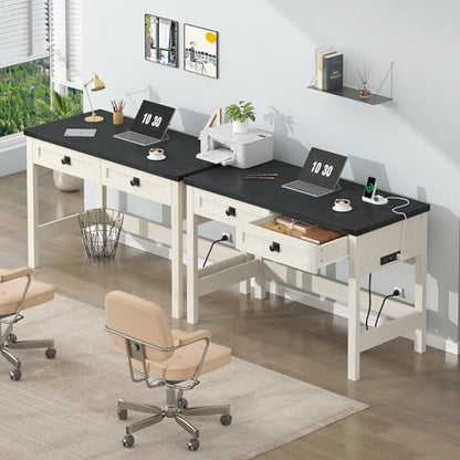 YOMILUVE Farmhouse Computer Desk with 2 Drawers, 39 Inch Small Office Computer Desk with Power Outlets, Compact Writing Study Vanity Desk for Small Spaces, Black and White - color: Black and White