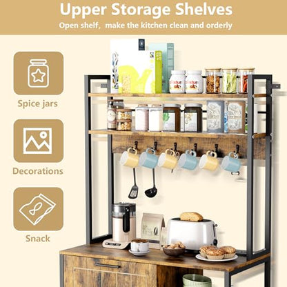 Kitchen Bakers Rack with Storage Shelf - 6-Tier Microwave Stand Oven Cabinet W/Tilting Trash Can Bin and Power Outlet, Farmhouse Thickened Coffee Bar Table Station W/6 Hooks&Adjustable feet - color: Brown
