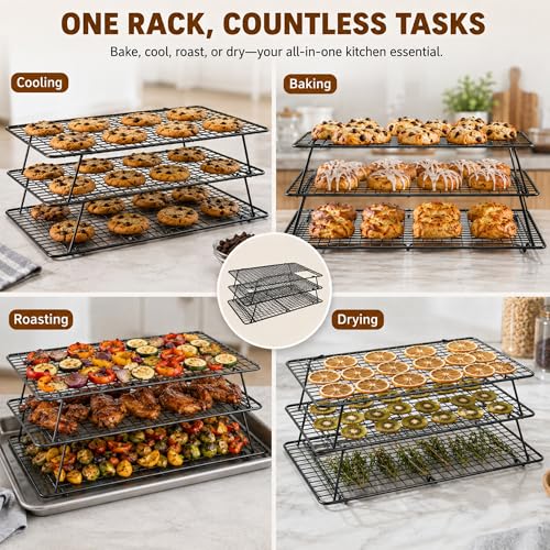 Cooling Rack 16"x10", 3-Tier Stackable & Collapsible Cooling Racks | Cooling Racks for Cooking and Baking, Roasting, Grilling, Oven & Dishwasher Safe (Black, 3-Tier-SL) - color: Black, size: 3-Tier-SL