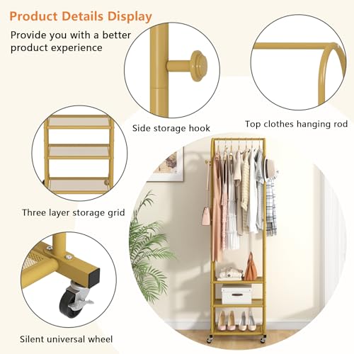 Kaitiemoo Heavy Duty Clothing Rack With Wheels,Modern Garment Rack With 3 Metal Shelves, 71.8Inches Display Rack For Hanging Clothes, Hanging Rod For Small Space,Gold - color: Gold