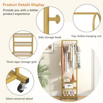 Kaitiemoo Heavy Duty Clothing Rack With Wheels,Modern Garment Rack With 3 Metal Shelves, 71.8Inches Display Rack For Hanging Clothes, Hanging Rod For Small Space,Gold - color: Gold