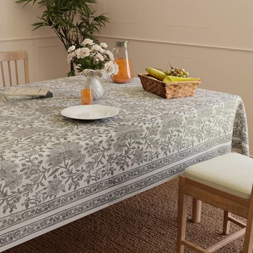Encasa XO Rectangular Tablecloth 56"x72" 6 ft Ash Jaipuri Block Print Cotton Dining Table Cloth | Handcrafted Floral tablecloths – Machine Washable for Indoor, Outdoor, Everyday Use - color: Ash, size: 72" x 56" (Rectangular)