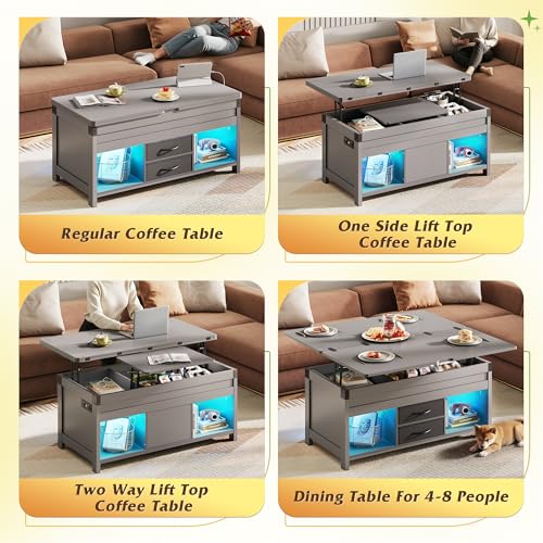 WLIVE 40" Lift Top Coffee Table, 4 in 1 Coffee Tables with Storage, 2 Fabric Drawers, LED Light and USB, Modern Coffee Table with Hidden Compartment for Living Room, Dining Room, Grey - color: Grey