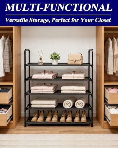 Large Capacity Shoe Rack, 5-Tier Shoe Organizer for Closet, Entryway, Hallway, Holds 20-25 Pairs, Sturdy & Durable Waterproof Fabric Shelf, Space-Saving,Black(35.8" Wide) - size: 5-Black-35.8"