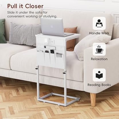 Vagusicc C Shaped End Table with Charging Station, Adjustable Height Side Table for Couch, Sofa Table Laptop Couch Side Tables, Slide Under Sofa TV Tray Arm C Tables for Living Room Bedroom, White - color: 1pc White