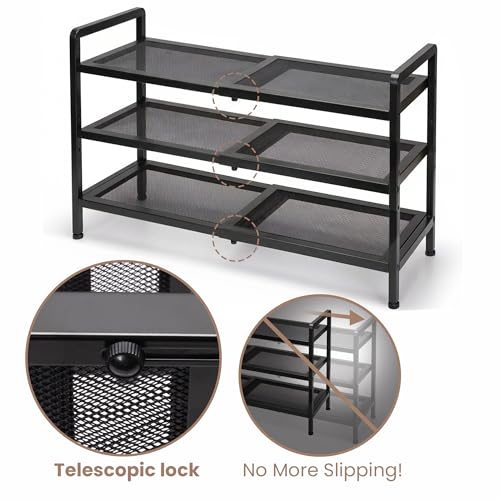 Varhomax Expandable Shoe Rack for Closet and Entryway 3-Tier | Adjustable Shoe Organizer, Sturdy Black Metal Storage Shelf for Apartment, Dorm, Small Spaces
