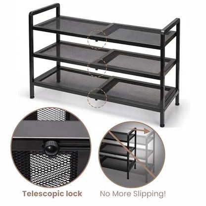 Varhomax Expandable Shoe Rack for Closet and Entryway 3-Tier | Adjustable Shoe Organizer, Sturdy Black Metal Storage Shelf for Apartment, Dorm, Small Spaces
