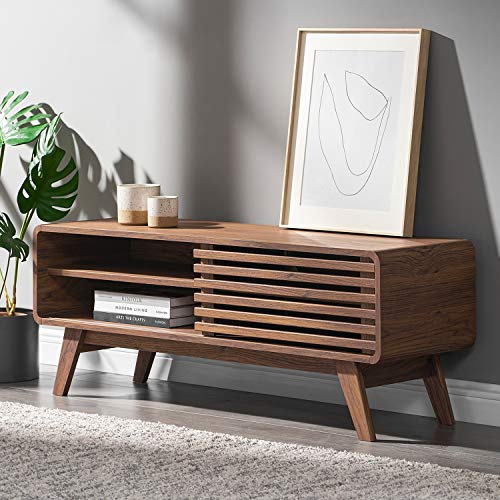 mopio Ensley 46" TV Stand with Slatted Door, Mid Century Modern Entertainment Center for 55/60/65 inch TV, Farmhouse Media Console with Storage, Adjustable Shelves, Round Edges, Living Room (Walnut) - color: Walnut, size: 46 inch Low