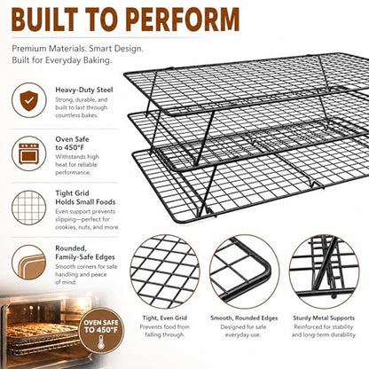 Cooling Rack 16"x10", 3-Tier Stackable & Collapsible Cooling Racks | Cooling Racks for Cooking and Baking, Roasting, Grilling, Oven & Dishwasher Safe (Black, 3-Tier-SL) - color: Black, size: 3-Tier-SL