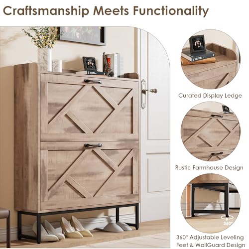 Nicetree Shoe Cabinet with 2 Flip Drawers，Freestanding Shoe Storage Cabinet, Narrow Shoe Organizer Cabinet, Farmhouse Slim Shoe Rack Cabinet for Entryway,Toasted Oak - color: Toasted Oak