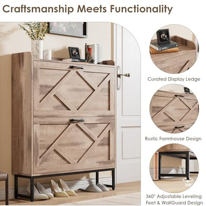 Nicetree Shoe Cabinet with 2 Flip Drawers，Freestanding Shoe Storage Cabinet, Narrow Shoe Organizer Cabinet, Farmhouse Slim Shoe Rack Cabinet for Entryway,Toasted Oak - color: Toasted Oak