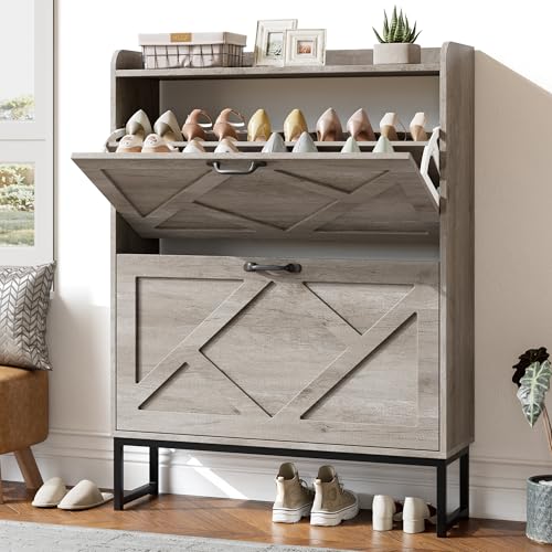 Nicetree Shoe Storage Cabinet with 2 Flip Drawers, Freestanding Shoe Organizer, Shoe Cabinet with Metal Legs, Narrow Shoe Rack Cabinet, Farmhouse Slim Shoe Cabinet for Entryway, Hallway, Rustic Gray - color: Grey