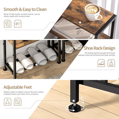 Narrow Side Table Set of 2 for Small Space, 2-Tier Small End Table with Shelf Holder, Slim Nightstand, Skinny Snack Couch Table in Living Room, Bedroom, Study, Kitchen and Balcony (Rustic Brown) - color: Rustic Brown