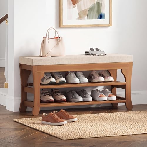PETKABOO 27.6" Shoe Storage Bench with Cushion, Bamboo Shoe Rack Bench, 2-Tier Entryway Shoe Organizer, Supports up to 350 LB, for Hallway, Bedroom, Closet, Living Room - size: 27.6"