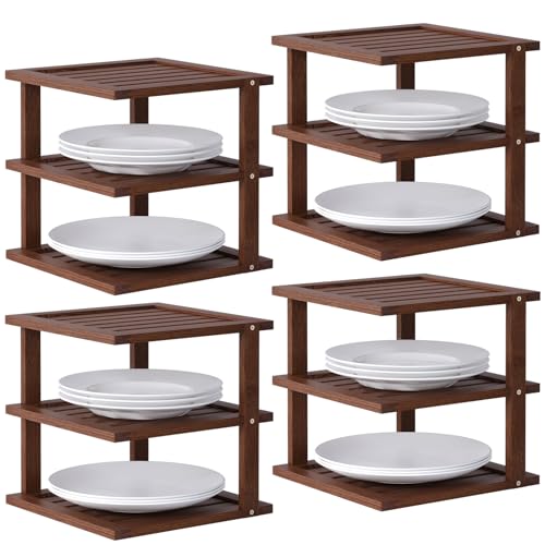 4 Pack Bamboo Corner Shelf,3 Tier Kitchen Cabinet Organizer for Plates and Dishes,Pantry Storage and Spice Rack（Brown） - color: Brown, size: 4 PC