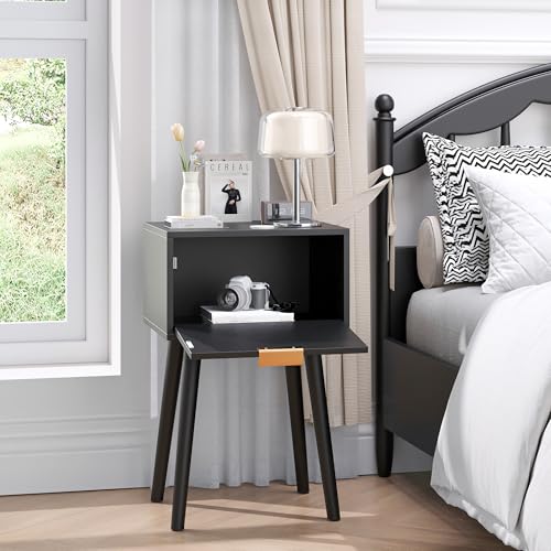 Nightstands Set of 2, Bedside Table with Rattan Door, Boho End Table with Solid Wood Legs for Bedroom, Living Room, Small Space Nightstands, Black Color, HNS001B - color: Black