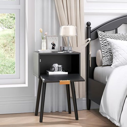 Nightstands Set of 2, Bedside Table with Rattan Door, Boho End Table with Solid Wood Legs for Bedroom, Living Room, Small Space Nightstands, Black Color, HNS001B - color: Black