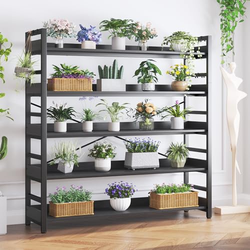 HCHQHS 5 Tier Bookshelf, Adjustable Industrial Bookcase, Vertical Tall Book Shelf, Wood and Black Metal Open Bookshelves for Home Office, Living Room, Bedroom - color: Black, size: 5-Tier (47"W x 57"H)