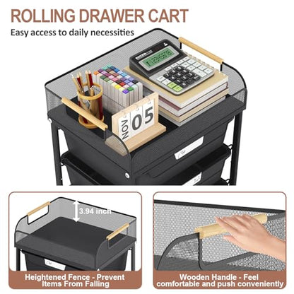 SYKIARIOL 4-Drawer Rolling Storage Cart with Mesh Top, Utility Craft Organizer Cart on Wheels with DIY Labels, Rolling Drawer Cart for Home Office Classroom Bedroom, Black - color: Black