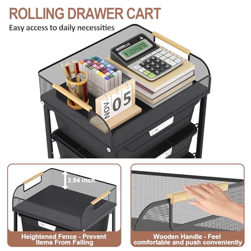 SYKIARIOL 4-Drawer Rolling Storage Cart with Mesh Top, Utility Craft Organizer Cart on Wheels with DIY Labels, Rolling Drawer Cart for Home Office Classroom Bedroom, Black - color: Black