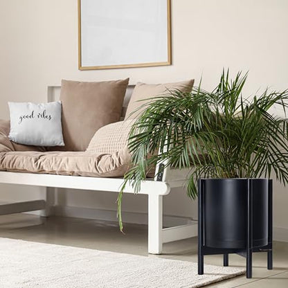 D'vine Dev Plastic Pot with Ebony Wood Stand, Black, 14 in, 55-C-T-2 | Mid-Century Inspired Design, Elevated Plant Display, Clean Lines, Sturdy Support, Modern Space-Saving Style - color: Matte Black Pot + Ebony Stand, size: 14 Inch