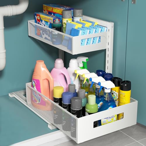 TISTAYA Pull-out Under Kitchen Sink Organizer, Metal Functional Under Sink Organizer, Height Adjustable Under Bathroom Sink Organizer, Under Sink Storage for Kitchen Bathroom Cabinet (White) - color: White, size: XL-1PC