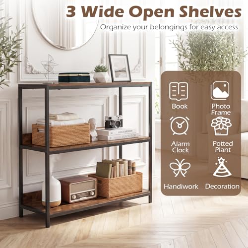 Tangkula 3-Tier Bookshelf, Industrial Small Bookcase with Wooden Shelves and Metal Frame, Rustic Open Display Shelf Storage Organizer for Living Room and Home Office (Rustic Brown, 1 Pack)