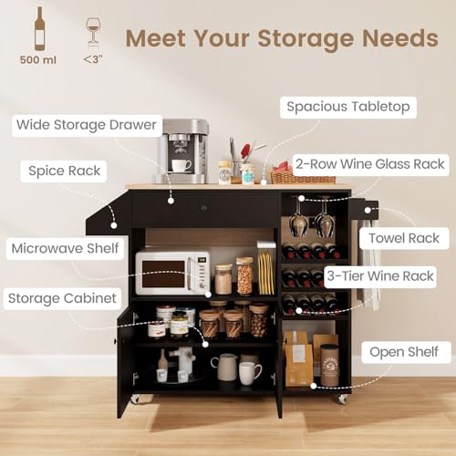 Giantex Rolling Kitchen Island Cart with Drop Leaf, Power Outlet, Spice Rack, 12 Wine Rack, Glass Holder, Drawer, Storage Cabinet, Towel Rack, Island Table for Breakfast Coffee Bar (Black & Natural) - color: Black & Natural