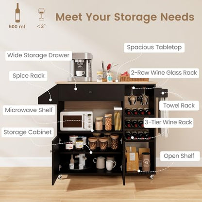 Giantex Rolling Kitchen Island Cart with Drop Leaf, Power Outlet, Spice Rack, 12 Wine Rack, Glass Holder, Drawer, Storage Cabinet, Towel Rack, Island Table for Breakfast Coffee Bar (Black & Natural) - color: Black & Natural