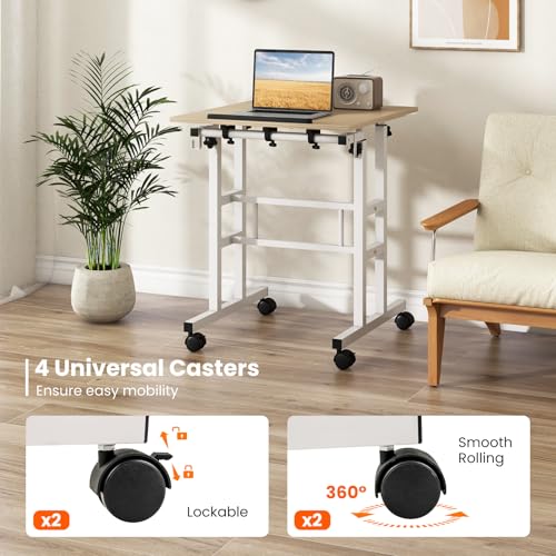 Tangkula Mobile Standing Desk, Height-Adjustable Laptop Podium Cart with Tilting Tabletop & Adjustable Angle, Rolling Stand Up Computer Desk with 2 Hanging Hooks & Lockable Casters for Home Office - color: Natural