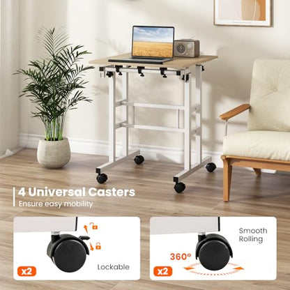 Tangkula Mobile Standing Desk, Height-Adjustable Laptop Podium Cart with Tilting Tabletop & Adjustable Angle, Rolling Stand Up Computer Desk with 2 Hanging Hooks & Lockable Casters for Home Office - color: Natural