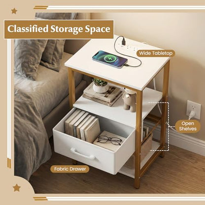 KOMFOTT Nightstand with Charging Station, Bedside Table with Fabric Drawer & Open Storage Shelves, End Table with Metal Frame, Modern Side Table for Bedroom, Small Space, Golden & White (1)