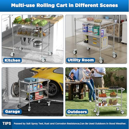 Leteuke 3 Tier Rolling Carts with Wheels, Heavy Duty Rolling Utility Cart | NSF Commercial Grade Metal Cart with Handle&Shelf Liner,Trolley Serving Cart for Kitchen,Restaurant,Plant Display,Chrome - color: Matte Chrome