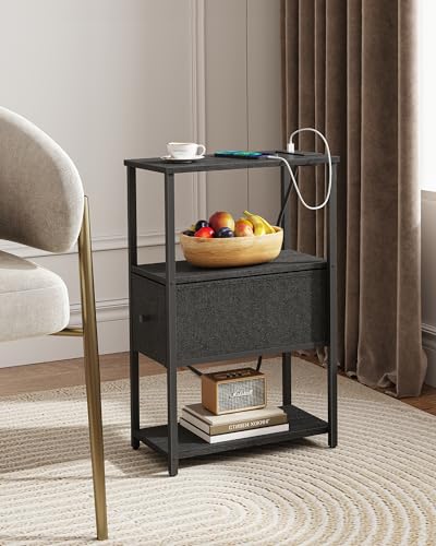 TUTOTAK Small Narrow End Table with Charging Station, Set of 2, Side Table with Outlets, Nightstand with Cloth Drawer, Couch Table, for Living Room, Bedroom, Bedside, Black TB01BK058 - color: Black, style: 1 Drawer & Plug