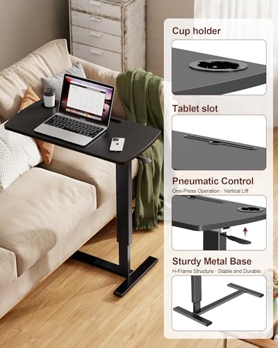 Foldable Overbed Table with Wheels, Pneumatic Adjustable Desk | 31.5 X 17.7 In Desktop with Cup Holders and Tablet Slot, Hidden Casters, 88 Lbs Capacity, Installs on Either Side of Bed - color: Black