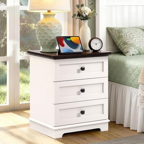 20" Modern Nightstand Charging 3 Drawers End Table Bedroom Office White | Built-in USB & Type-C ports charge overnight, 3 large drawers for storage, simple design fits bedroom or office - color: White, size: 15.5"D x 20"W x 24"H (3 Drawers)