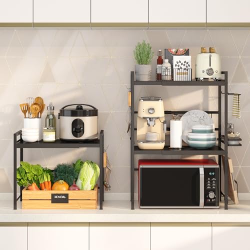 DOLALIKE Microwave Oven Rack, Expandable Microwave Stand Countertop Kitchen Utensils Tableware Storage, Carbon Steel Over Microwave Shelf Countertop with 3 Hooks | Adjustable Microwave Oven Rack Metal Storage Shelf for Pans Small Appliances Kitchen Utensi