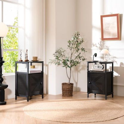 Yoobure Farmhouse NightStand with Charging Station，Wood Night Stand End with USB Ports, LED Bed Side Table with Storage Cabinet，Bedside Table for Bedroom, Living Room Black - color: Black