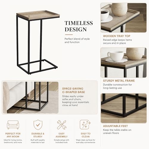 Farmhouse C Shaped End Table with Distressed Wood & Metal Woven Tray Top, Modern Slim Snack Side Table with Metal Base, Black - color: Black, style: Metal Woven