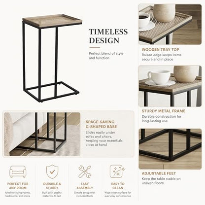 Farmhouse C Shaped End Table with Distressed Wood & Metal Woven Tray Top, Modern Slim Snack Side Table with Metal Base, Black - color: Black, style: Metal Woven